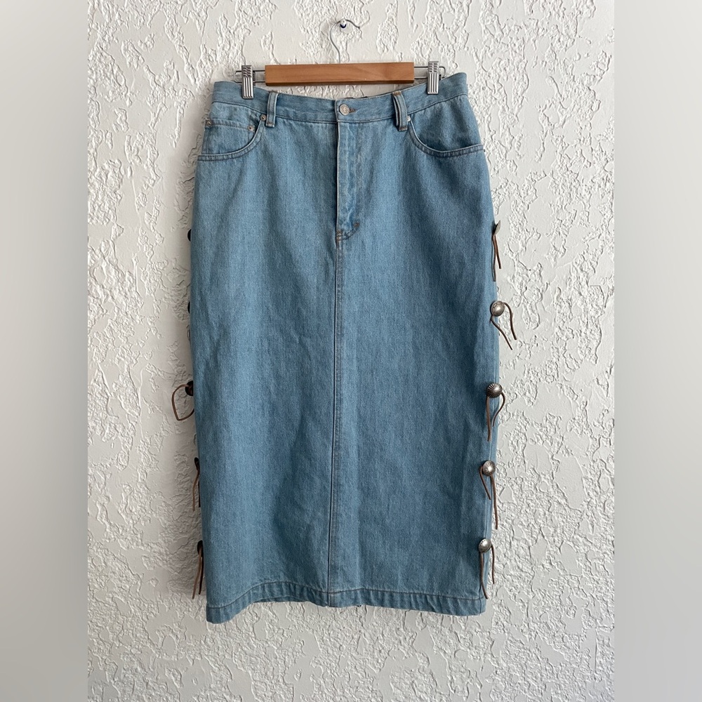 RALPH LAUREN COUNTRY Rare Vintage 90s Western Conch Denim Skirt - 12 / 30